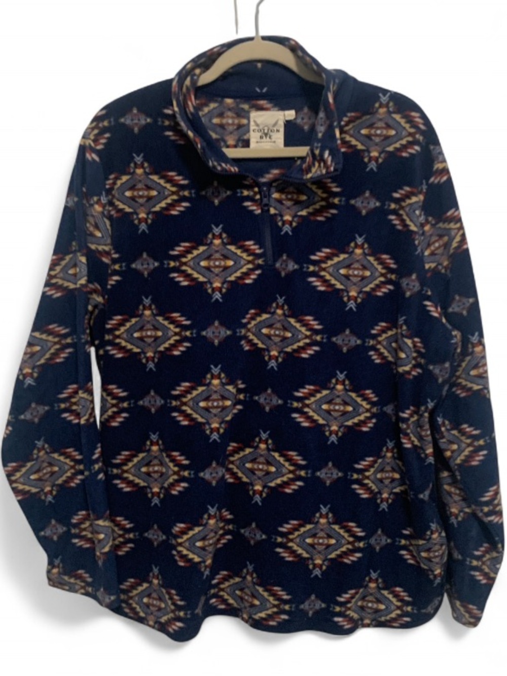 Cotton Rye Western Boho Patterned Navy Fleece Zip Neck Sweatshirt